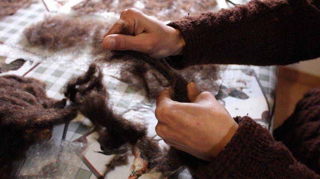 estirando lana de oveja marrón